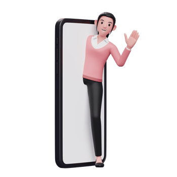 cute girl appears from the big phone screen and says hi png
