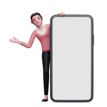 beautiful woman appears from behind a big phone png