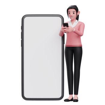 cute woman is typing on the phone beside a big phone with a white screen png