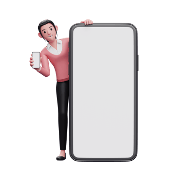 3d woman wearing pink sweater standing behind a big cellphone while showing the phone screen png