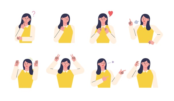 A cute woman in a yellow shirt is making various gestures and expressing emotions. vector