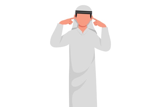 Business flat drawing young Arabian businessman covering ears with fingers with annoyed expression for the noise of loud sound or music while eyes closed. Cartoon style draw design vector illustration