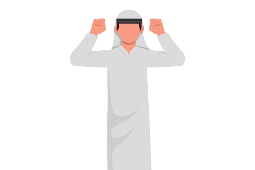 Business flat cartoon style drawing happy employee of company stands in strong pose. Arabian businessman with gestures two hand fist up. Office worker. Achievement. Graphic design vector illustration