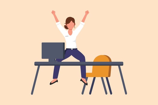 Business design drawing happy businesswoman jumping with raised hands near desk workplace. Cute manager celebrating success of increasing company product sales. Flat cartoon style vector illustration