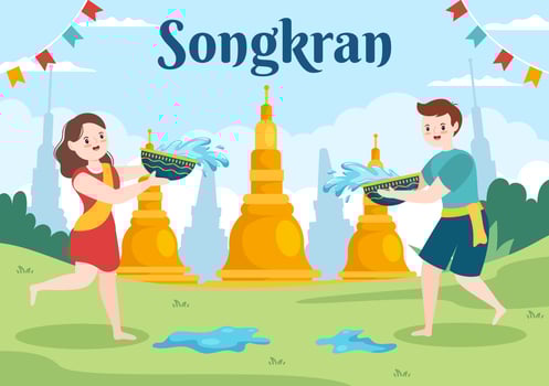 Happy Songkran Festival Day Hand Drawn Cartoon Illustration Playing Water Gun in Thailand Celebration in Flat Style Background Design vector
