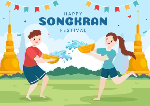 Happy Songkran Festival Day Hand Drawn Cartoon Illustration Playing Water Gun in Thailand Celebration in Flat Style Background Design vector