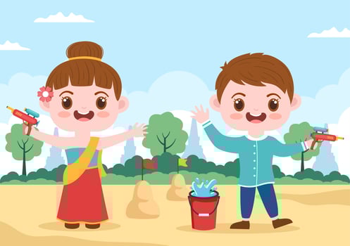 Happy Songkran Festival Day Hand Drawn Cartoon Illustration with Cute Little Kids Playing Water Gun in Thailand Celebration in Flat Style Background vector
