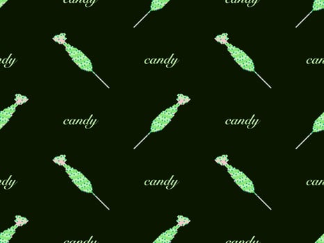 Candy cartoon character seamless pattern on green background. Pixel style vector