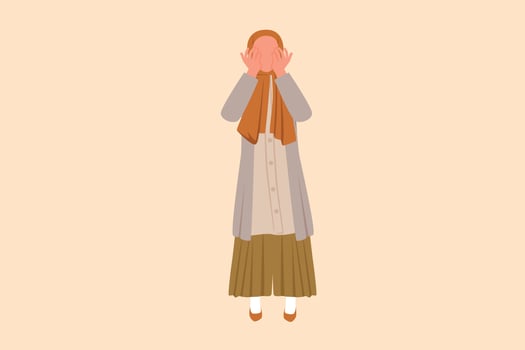 Business flat drawing depressed Arabian businesswoman standing and holding head, feeling headache. Depression disorder, sorrow. Stress due to economic crisis. Cartoon style design vector illustration