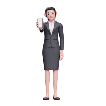 Business woman in formal suit showing phone screen, 3d render character illustration png
