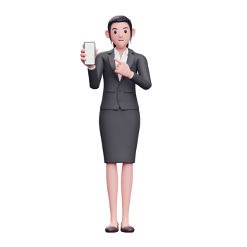 Business woman in formal suit pointing to phone screen, 3d render character illustration png