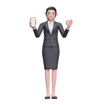 Business woman in formal suit holding smartphone and showing ok finger, 3d render character illustration png