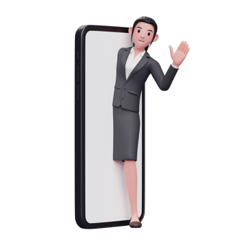 Business woman in formal suit appears from the phone screen and says hi waving hand png