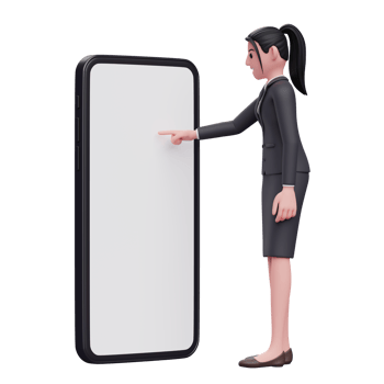 Business woman in formal suit touching phone screen with index finger, 3d render character illustration png