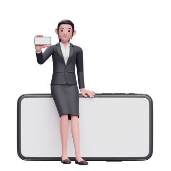 Business woman in formal suit girl sitting on a big phone while showing the landscape phone screen, 3d render character illustration png
