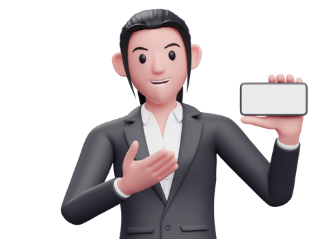 Portrait Business woman in formal suit presenting pose with landscape phone, 3d render close up girl character png