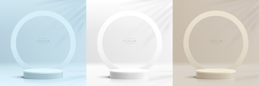 Set of abstract 3D background with realistic blue, white, beige cylinder pedestal podium. Circle backdrop. Minimal scene mockup products, Stage showcase, Promotion display. Vector geometric forms.