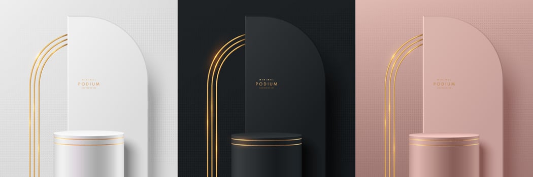 Set of 3D background with stand podium. Black, gold, silver and pink gold with luxury geometric forms scene. Abstract minimal wall scene for mockup products display. Vector round stage for Showcase.