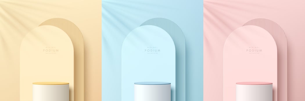 Set of pink, yellow, blue, white realistic 3d cylinder stand podium, Arch shape background . Vector abstract with geometric forms. Pastel minimal scene for products stage showcase, Promotion display.