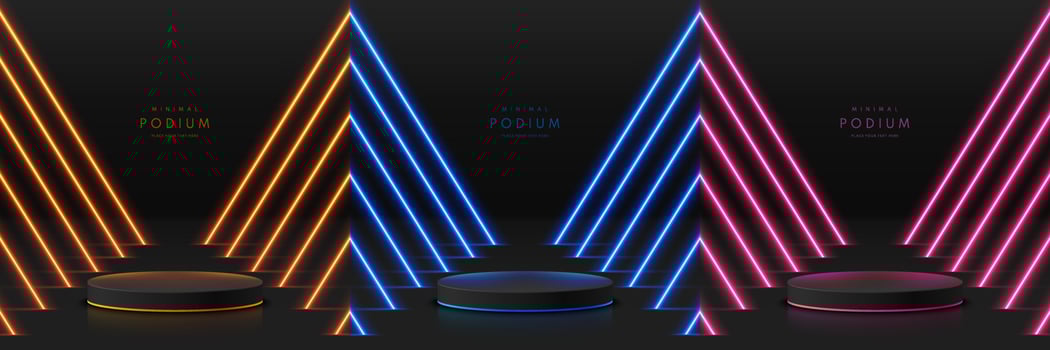 Set of realistic black 3D cylinder pedestal podium in dark room with orange, blue, pink neon light. Abstract minimal scene, Mockup products, Stage showcase, promotion display. Vector geometric forms.