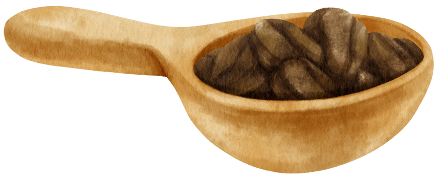 watercolor Roasted coffee beans in wooden scoop png