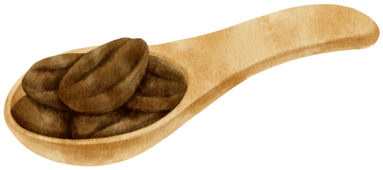 watercolor Roasted coffee beans in wooden spoon png