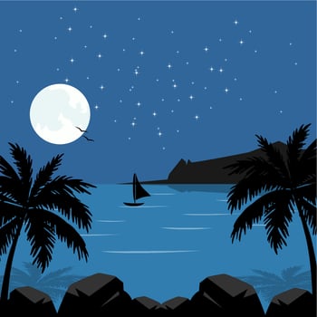 Lunar night and starry sky. Full moonlight on water in darkness. Beautiful romantic nature landscape. Vector illustration.