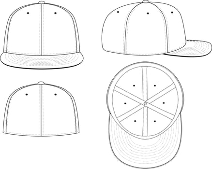 Fitted Cap Hat Vector Technical Drawing Illustration Blank Streetwear Mock-up Template for Design and Tech Packs CAD Brim Baseball Hat