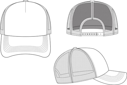 Trucker Hat Snapback Technical Drawing Illustration Blank Streetwear Mock-up Template for Design and Tech Packs CAD Strap Mesh vector