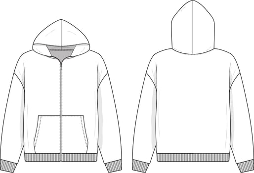 Open full zip hoodie sweatshirt flat technical drawing illustration mock-up template for design and tech packs men or unisex fashion CAD streetwear vector