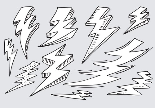 set of hand drawn vector doodle electric lightning bolt symbol sketch illustrations. thunder symbol doodle icon.