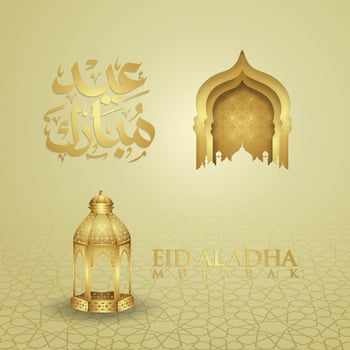 Luxurious and elegant design Eid Al adha greeting with gold color on arabic calligraphy, crescent moon, lantern and textured gate mosque. vector illustration.