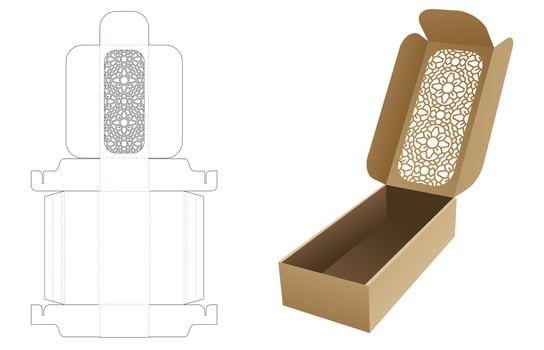 Long flip packaging with stenciled pattern window die cut template and 3D mockup vector