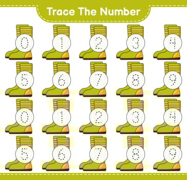 Trace the number. Tracing number with Rubber Boots. Educational children game, printable worksheet, vector illustration