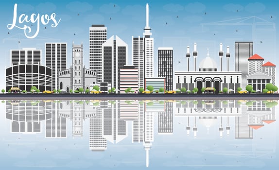 Lagos Skyline with Gray Buildings, Blue Sky and Reflections. vector