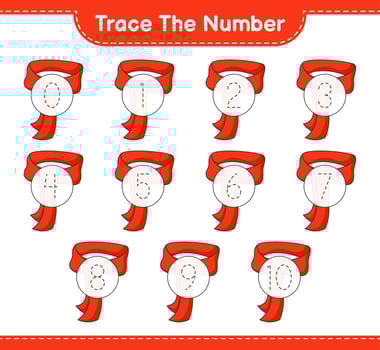 Trace the number. Tracing number with Scarf. Educational children game, printable worksheet, vector illustration
