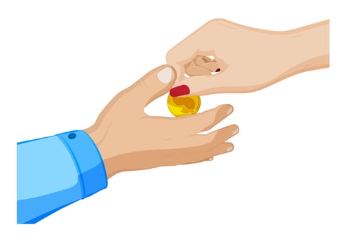 female hand puts a coin with dollar sign in male palm. Economic crimes, giving bribes to officials. Return of debt to the bank. Cartoon vector on white background