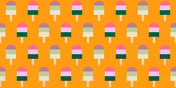 Vector illustration of colorful ice cream bright pattern on a pastel yellow background. Hand drawn line art design for web, site, advertisement, banner, poster, board and print.