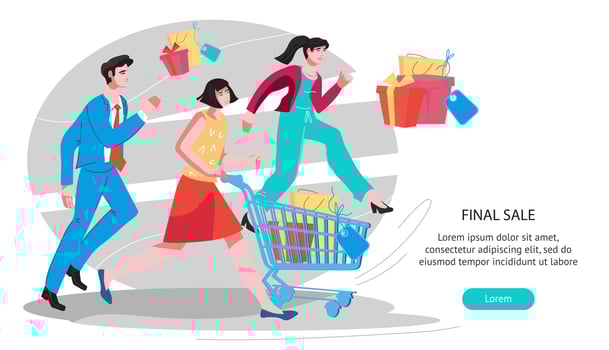 Final sale site banner template with people hurrying up to purchase goods. Discount event promotion and advertising web page. Online shopping and ecommerce. Flat vector illustration.