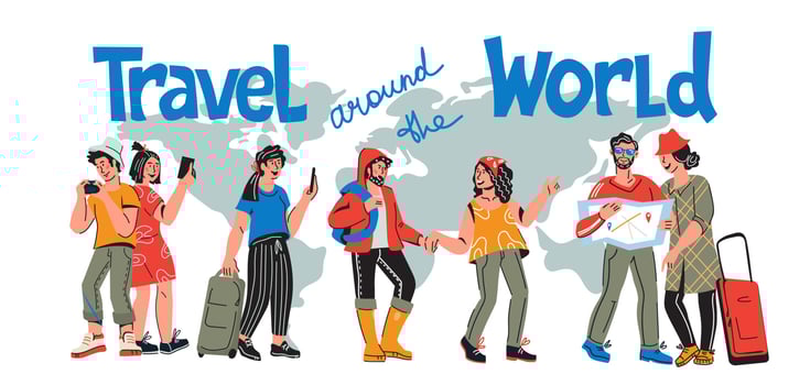International tourism banner with travelers. Characters of young people traveling around the world at map background. Vacation tour and journey concept. Flat cartoon vector illustration.