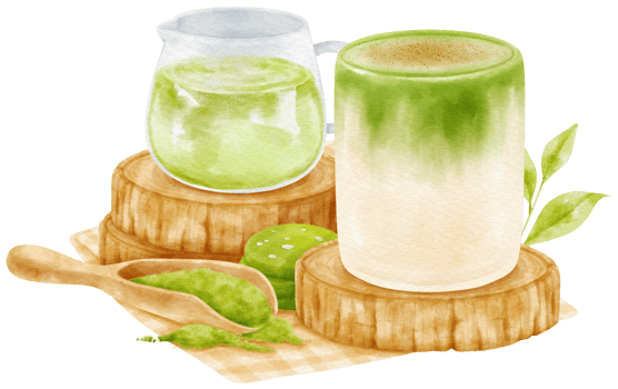 Matcha green tea latte drink composition watercolor png