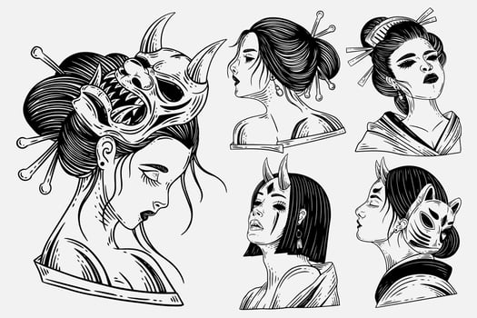Set Bundle Dark Art Horror Japanese Geisha Girl Tattoo Hand Drawn Engraving Style vector