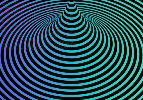 Abstract 3D blue and green gradient color twisted spiral lines optical illusion pattern on black background vector