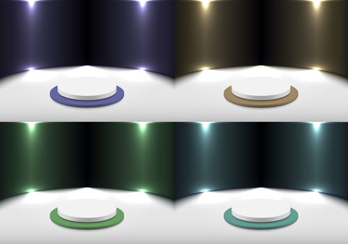 Set of 3D realistic product display white and blue, purple, yellow, green podium with shiny purple backdrop on floor clean stage background minimal style vector