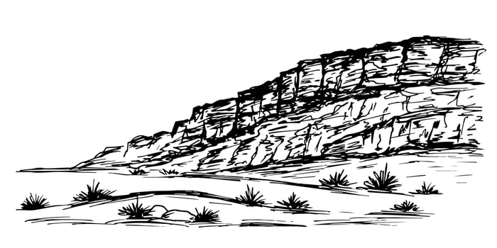 Hand-drawn ink vector drawing. Mountain landscape, desert terrain. Wildlife, travel, tourism, nature.