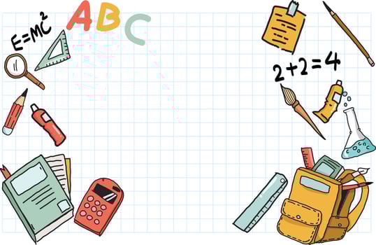 Hand drawn vector illustration of school supplies background with copy space