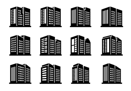 Perspective icons buildings and vector company set on white background, Black office and bank collection