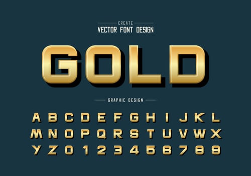 Gold font and alphabet vector, Golden design typeface letter and number vector