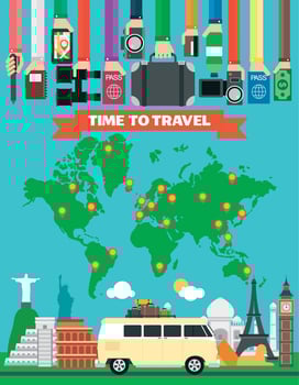 Time to travel design flat with minibus and map of the earth vector