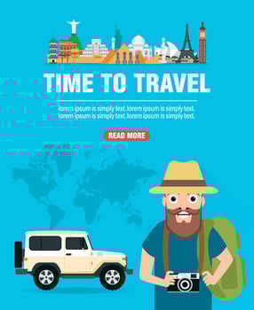 Time to travel design flat. Traveler on a modern suv car vector